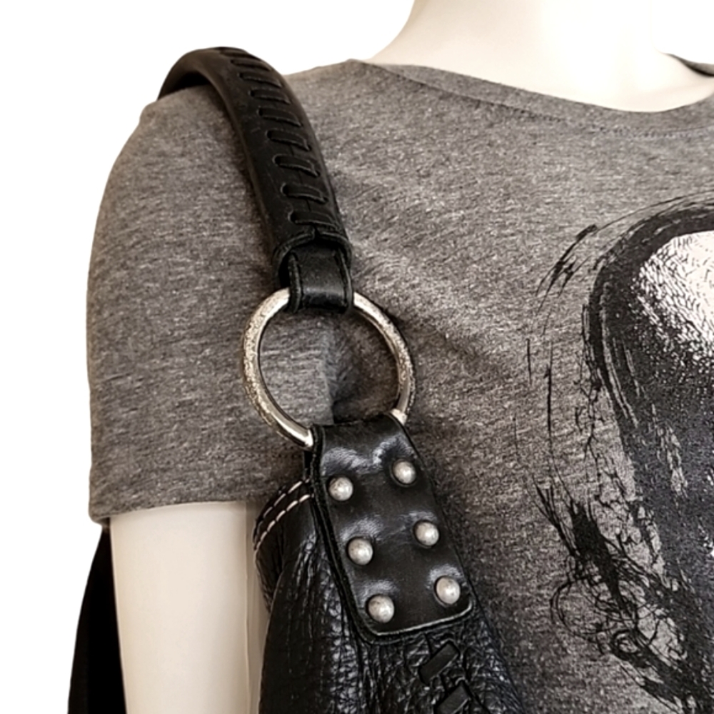 LUCKY BRAND Whipstitch Black Pebbled Leather Hobo Shoulder Bag Studs VINTAGE Y2K - Picture 8 of 16